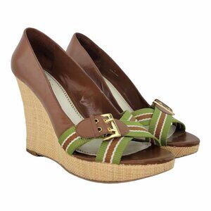 Charles David Raffia Open Toe Wedge Women's Sz 9 - Brown / Olive